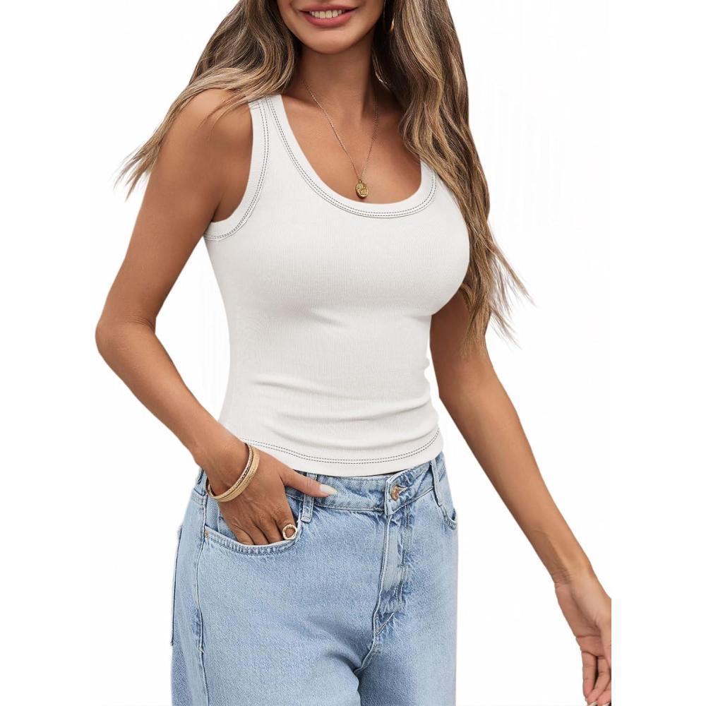 imageTankaneo Womens Summer Ribbed Tank Top Casual Ringer Scoop Neck Sleeveless Knit Fitted Tops Going Out Tee ShirtsWhite