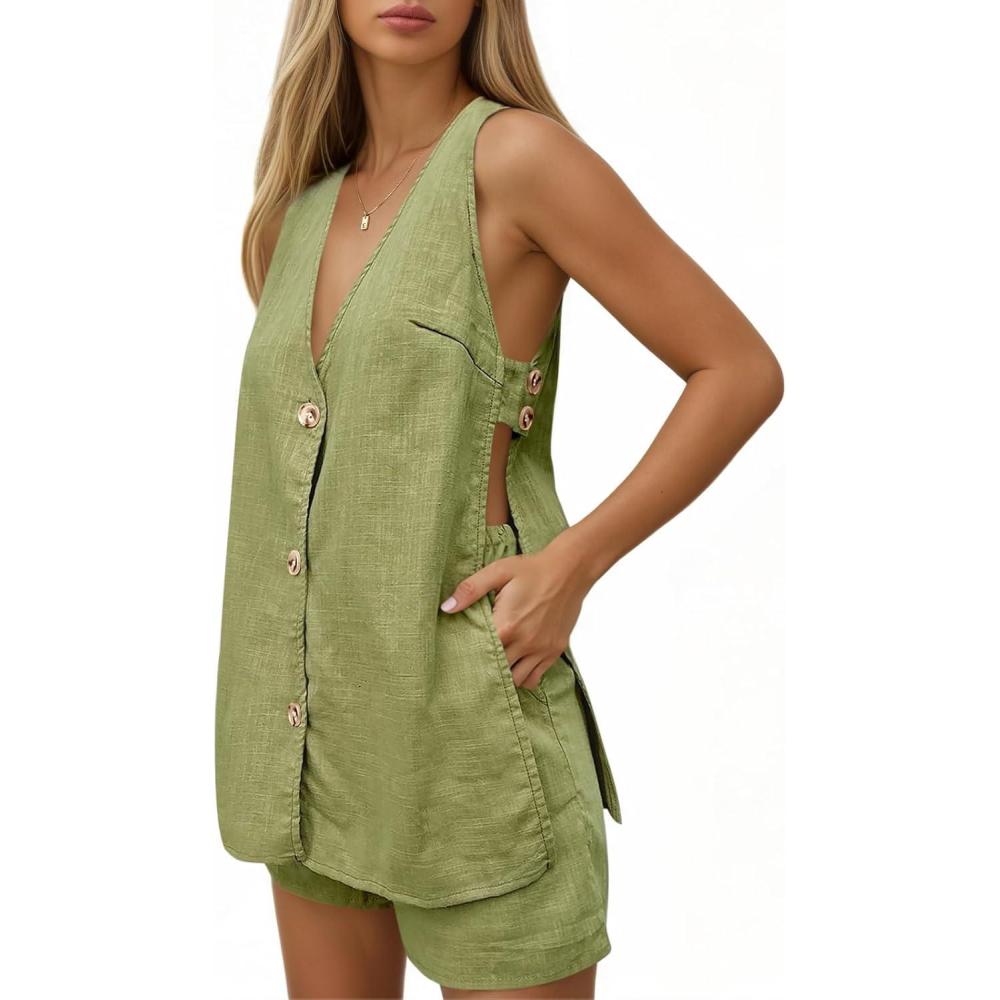 imageTankaneo Womens Summer Vacation Outfits Beach Travel Cruise Resort Wear 2 Piece Short Sets Casual Tank Tops and ShortsArmy Green