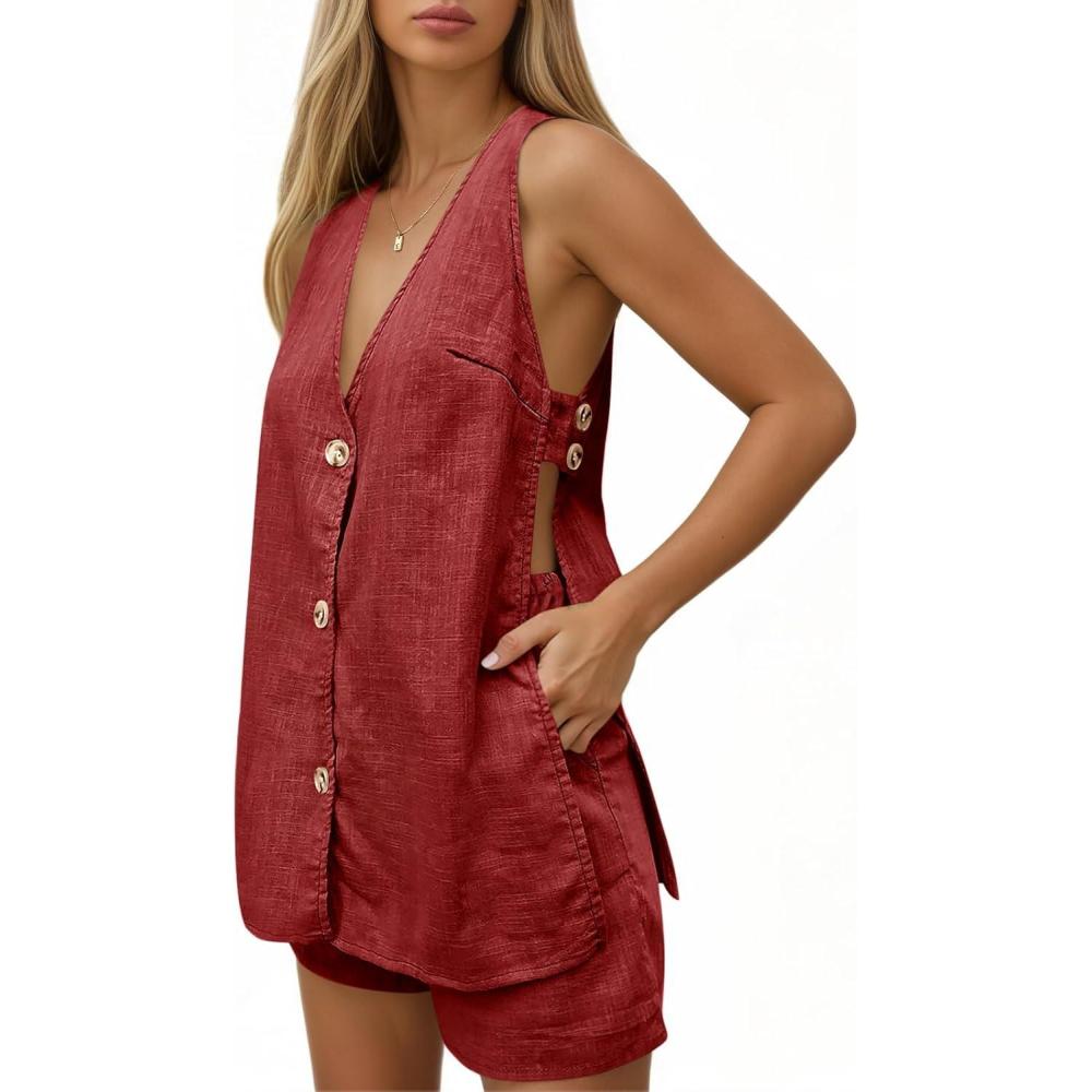 imageTankaneo Womens Summer Vacation Outfits Beach Travel Cruise Resort Wear 2 Piece Short Sets Casual Tank Tops and ShortsRed