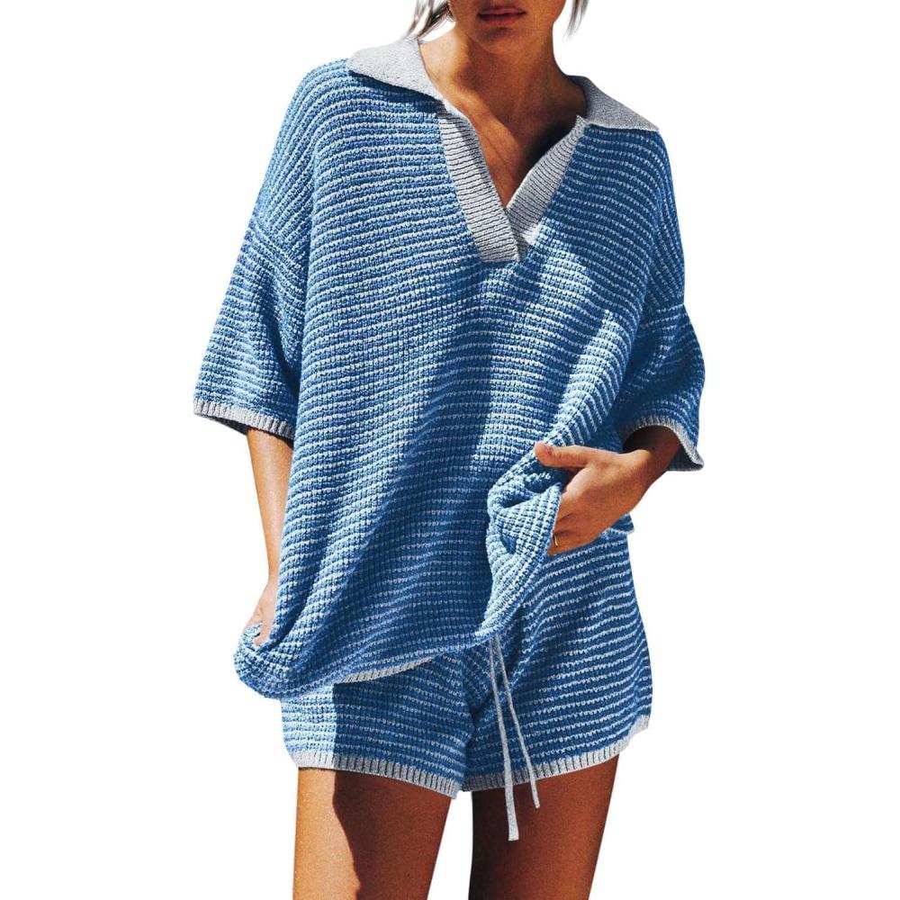 imageTankaneo Womens Sweater Set 2 Piece Outfits Oversized 34 Sleeve V Neck Knit Tops High Waisted Shorts Lounge SetsBlue