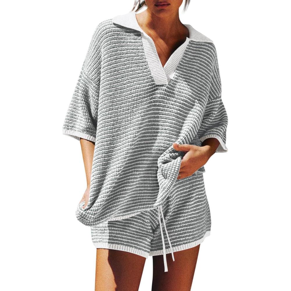imageTankaneo Womens Sweater Set 2 Piece Outfits Oversized 34 Sleeve V Neck Knit Tops High Waisted Shorts Lounge SetsGreywhite