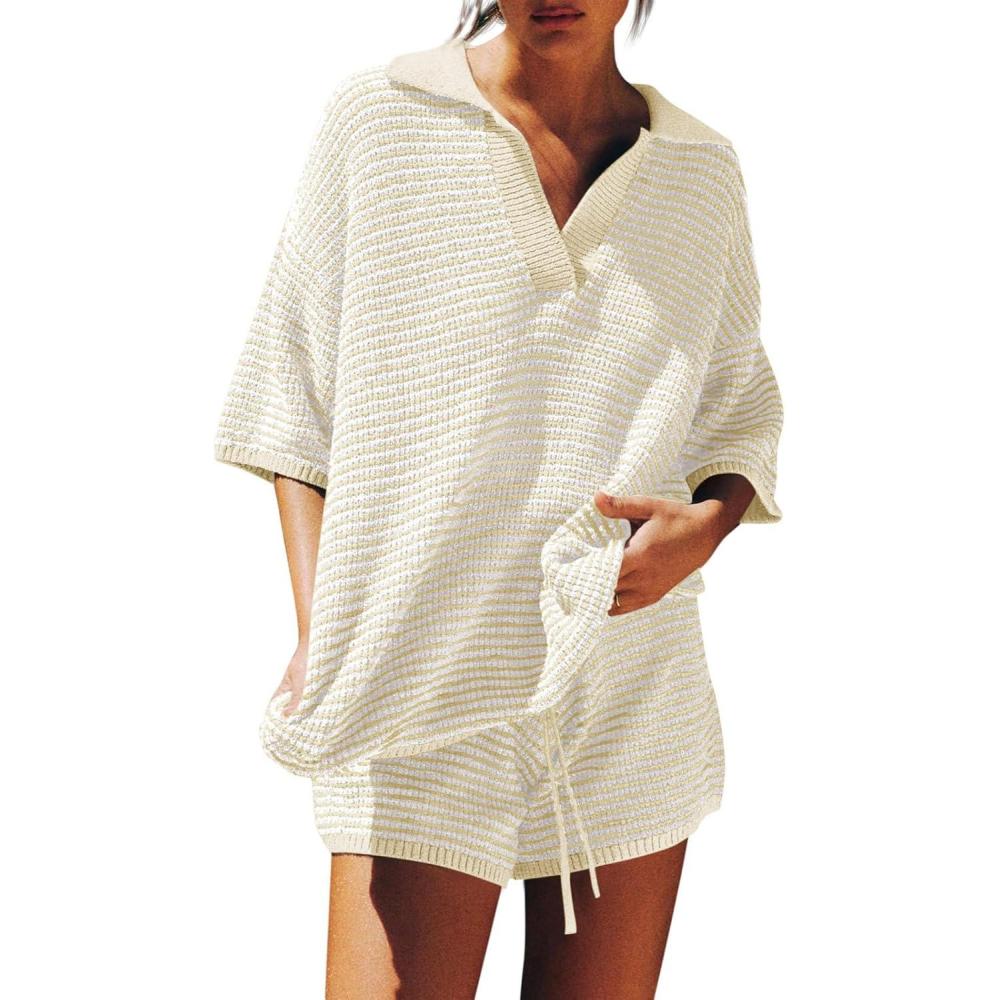 imageTankaneo Womens Sweater Set 2 Piece Outfits Oversized 34 Sleeve V Neck Knit Tops High Waisted Shorts Lounge SetsLight Beigewhite