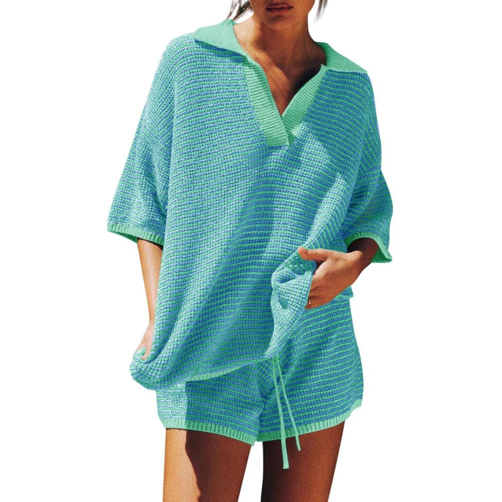 imageTankaneo Womens Sweater Set 2 Piece Outfits Oversized 34 Sleeve V Neck Knit Tops High Waisted Shorts Lounge SetsMint Green