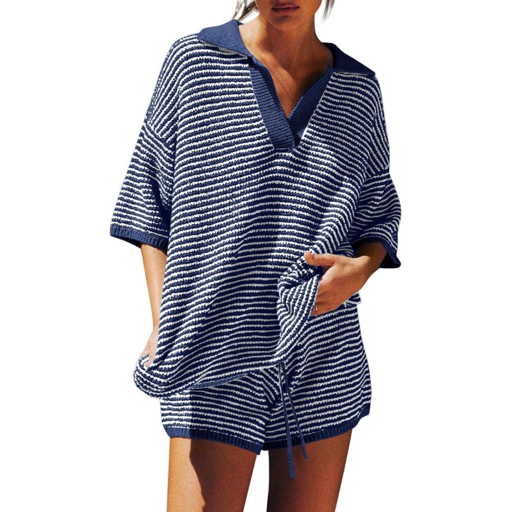 imageTankaneo Womens Sweater Set 2 Piece Outfits Oversized 34 Sleeve V Neck Knit Tops High Waisted Shorts Lounge SetsNavywhite