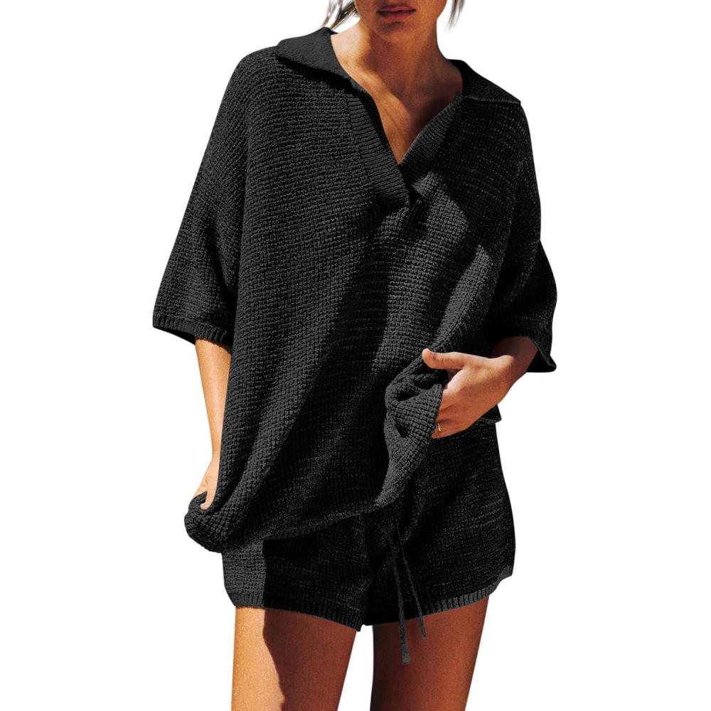 imageTankaneo Womens Sweater Set 2 Piece Outfits Oversized 34 Sleeve V Neck Knit Tops High Waisted Shorts Lounge SetsPure Black
