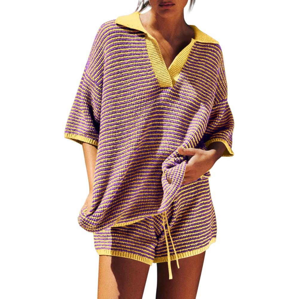 imageTankaneo Womens Sweater Set 2 Piece Outfits Oversized 34 Sleeve V Neck Knit Tops High Waisted Shorts Lounge SetsPurpleyellow