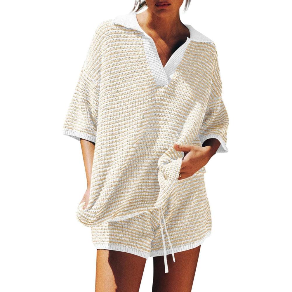 imageTankaneo Womens Sweater Set 2 Piece Outfits Oversized 34 Sleeve V Neck Knit Tops High Waisted Shorts Lounge SetsWhitebeige