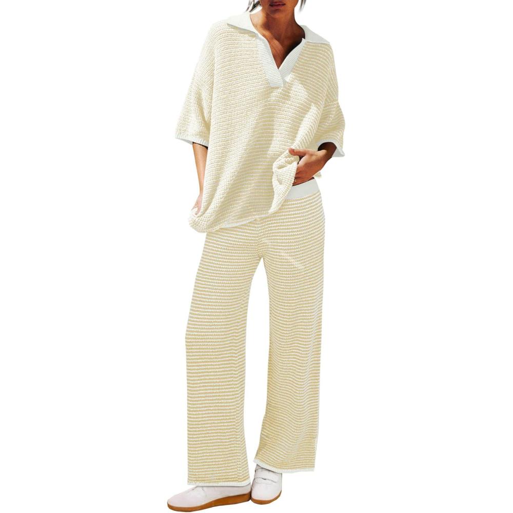 imageTankaneo Womens Sweater Set Striped 2 Piece Outfits Oversized 34 Sleeve V Neck Knit Tops Wide Leg Pants Fall Lounge SetsBeige