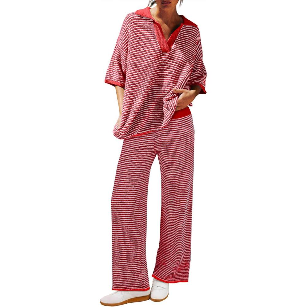 imageTankaneo Womens Sweater Set Striped 2 Piece Outfits Oversized 34 Sleeve V Neck Knit Tops Wide Leg Pants Fall Lounge SetsRed