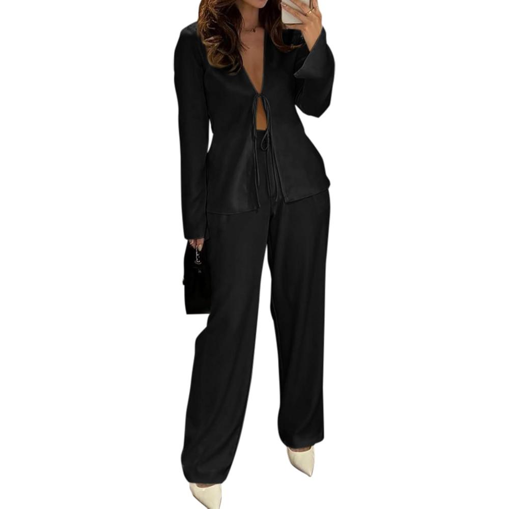 imageWomens Sexy Silk Satin 2 Piece Outfits Tie Front Long Sleeve Shirts and Pants Lounge Pajamas Sets Going Out Matching SetBlack