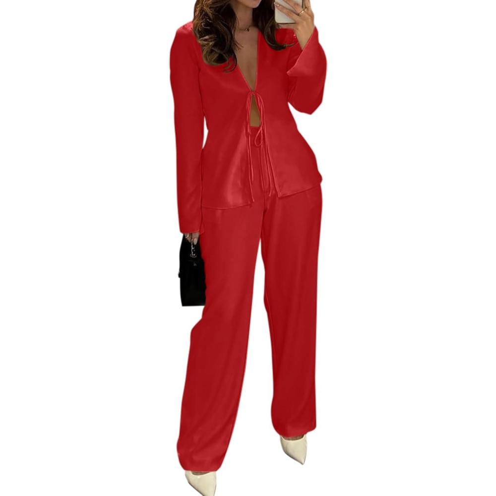 imageWomens Sexy Silk Satin 2 Piece Outfits Tie Front Long Sleeve Shirts and Pants Lounge Pajamas Sets Going Out Matching SetRed