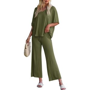 Tankaneo Womens 2 Piece Outfits Lounge Sets Oversized Short Sleeve V Neck Tshirts Wide Leg Cropped Pants Matching Set(Armygreen)