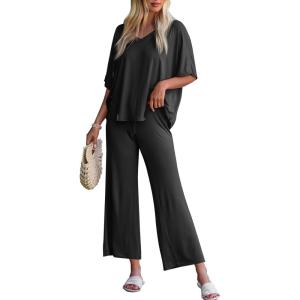 Tankaneo Womens 2 Piece Outfits Lounge Sets Oversized Short Sleeve V Neck Tshirts Wide Leg Cropped Pants Matching Set(Black)