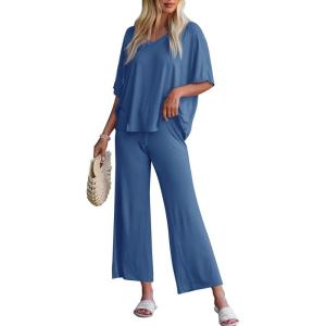 Tankaneo Womens 2 Piece Outfits Lounge Sets Oversized Short Sleeve V Neck Tshirts Wide Leg Cropped Pants Matching Set(Blue)