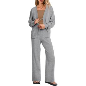 Tankaneo Womens 2 Piece Sweater Sets Oversized Tie Front Cardigan Elastic Waist Pants 2025 Matching Loungewear(Gray)