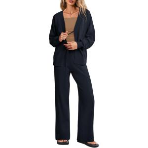 Tankaneo Womens 2 Piece Sweater Sets Oversized Tie Front Cardigan Elastic Waist Pants 2025 Matching Loungewear(Navy)