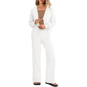 Tankaneo Womens 2 Piece Sweater Sets Oversized Tie Front Cardigan Elastic Waist Pants 2025 Matching Loungewear(White)