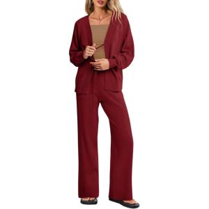 Tankaneo Womens 2 Piece Sweater Sets Oversized Tie Front Cardigan Elastic Waist Pants 2025 Matching Loungewear(Wine Red)