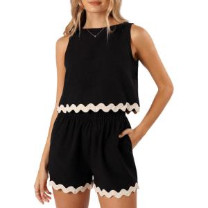 Tankaneo Womens 2 Piece Vacation Outfits Lounge Sets Casual Cropped Tank Tops Shorts Matching Set(Black)