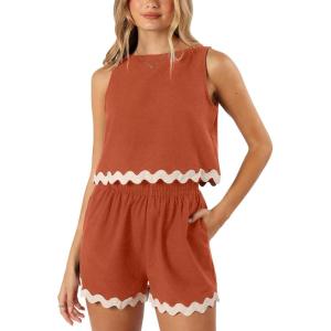 Tankaneo Womens 2 Piece Vacation Outfits Lounge Sets Casual Cropped Tank Tops Shorts Matching Set(Caramel)