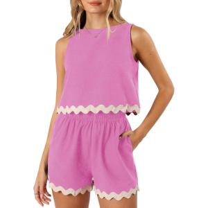 Tankaneo Womens 2 Piece Vacation Outfits Lounge Sets Casual Cropped Tank Tops Shorts Matching Set(Pink)
