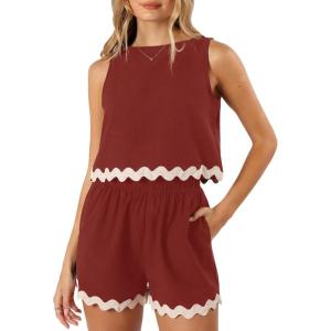 Tankaneo Womens 2 Piece Vacation Outfits Lounge Sets Casual Cropped Tank Tops Shorts Matching Set(Wine Red)