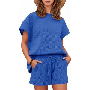 Tankaneo Womens Loungewear Set Short Sleeve Tops and Shorts 2 Piece Outfits Matching Lounge Pajama Set with Pockets(Blue)