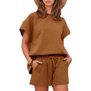 Tankaneo Womens Loungewear Set Short Sleeve Tops and Shorts 2 Piece Outfits Matching Lounge Pajama Set with Pockets(Brown)
