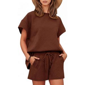 Tankaneo Womens Loungewear Set Short Sleeve Tops and Shorts 2 Piece Outfits Matching Lounge Pajama Set with Pockets(Coffee)