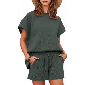 Tankaneo Womens Loungewear Set Short Sleeve Tops and Shorts 2 Piece Outfits Matching Lounge Pajama Set with Pockets(Dark Grey)