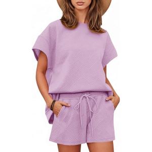 Tankaneo Womens Loungewear Set Short Sleeve Tops and Shorts 2 Piece Outfits Matching Lounge Pajama Set with Pockets(Lavender)