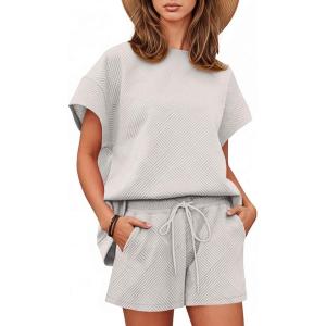 Tankaneo Womens Loungewear Set Short Sleeve Tops and Shorts 2 Piece Outfits Matching Lounge Pajama Set with Pockets(Light Grey)