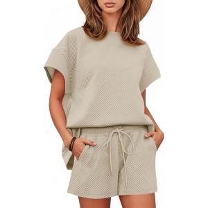 Tankaneo Womens Loungewear Set Short Sleeve Tops and Shorts 2 Piece Outfits Matching Lounge Pajama Set with Pockets(Light Khaki)
