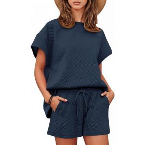 Tankaneo Womens Loungewear Set Short Sleeve Tops and Shorts 2 Piece Outfits Matching Lounge Pajama Set with Pockets(Navy)