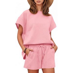 Tankaneo Womens Loungewear Set Short Sleeve Tops and Shorts 2 Piece Outfits Matching Lounge Pajama Set with Pockets(Pink)