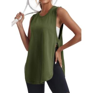 Tankaneo Womens Side Slit Workout Tank Tops Cotton Sleeveless T Shirts Oversized Summer Casual Yoga Gym Tees(Army Green)