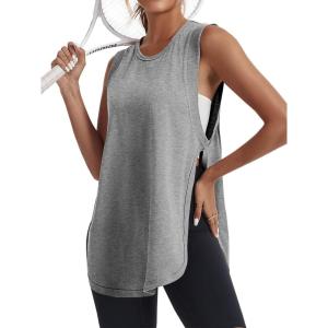 Tankaneo Womens Side Slit Workout Tank Tops Cotton Sleeveless T Shirts Oversized Summer Casual Yoga Gym Tees(Grey)