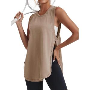 Tankaneo Womens Side Slit Workout Tank Tops Cotton Sleeveless T Shirts Oversized Summer Casual Yoga Gym Tees(Khaki)