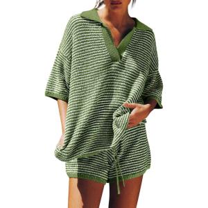 Tankaneo Womens Sweater Set 2 Piece Outfits Oversized 3/4 Sleeve V Neck Knit Tops High Waisted Shorts Lounge Sets(Army Green-white)