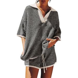 Tankaneo Womens Sweater Set 2 Piece Outfits Oversized 3/4 Sleeve V Neck Knit Tops High Waisted Shorts Lounge Sets(Black-beige)