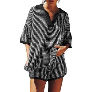 Tankaneo Womens Sweater Set 2 Piece Outfits Oversized 3/4 Sleeve V Neck Knit Tops High Waisted Shorts Lounge Sets(Black-white)