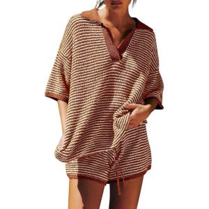 Tankaneo Womens Sweater Set 2 Piece Outfits Oversized 3/4 Sleeve V Neck Knit Tops High Waisted Shorts Lounge Sets(Caramel-white)