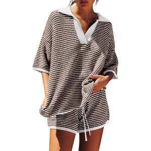Tankaneo Womens Sweater Set 2 Piece Outfits Oversized 3/4 Sleeve V Neck Knit Tops High Waisted Shorts Lounge Sets(Coffee)