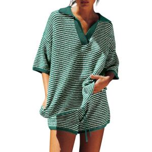 Tankaneo Womens Sweater Set 2 Piece Outfits Oversized 3/4 Sleeve V Neck Knit Tops High Waisted Shorts Lounge Sets(Dark Green)