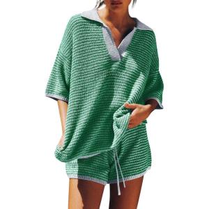 Tankaneo Womens Sweater Set 2 Piece Outfits Oversized 3/4 Sleeve V Neck Knit Tops High Waisted Shorts Lounge Sets(Green)