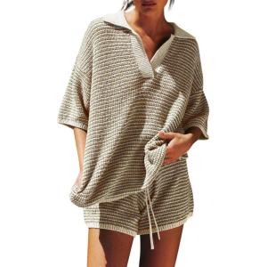 Tankaneo Womens Sweater Set 2 Piece Outfits Oversized 3/4 Sleeve V Neck Knit Tops High Waisted Shorts Lounge Sets(Khaki)