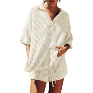 Tankaneo Womens Sweater Set 2 Piece Outfits Oversized 3/4 Sleeve V Neck Knit Tops High Waisted Shorts Lounge Sets(Light Beige-white)