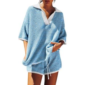 Tankaneo Womens Sweater Set 2 Piece Outfits Oversized 3/4 Sleeve V Neck Knit Tops High Waisted Shorts Lounge Sets(Light Blue)