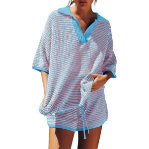 Tankaneo Womens Sweater Set 2 Piece Outfits Oversized 3/4 Sleeve V Neck Knit Tops High Waisted Shorts Lounge Sets(Light Blue-light Pink)