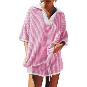 Tankaneo Womens Sweater Set 2 Piece Outfits Oversized 3/4 Sleeve V Neck Knit Tops High Waisted Shorts Lounge Sets(Light Pink)